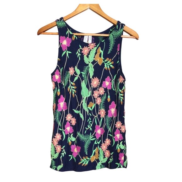 Anthropologie Meadow Rue Navy Floral Embroidered Tank Top S Whimsigoth Dark Fair - Picture 1 of 7